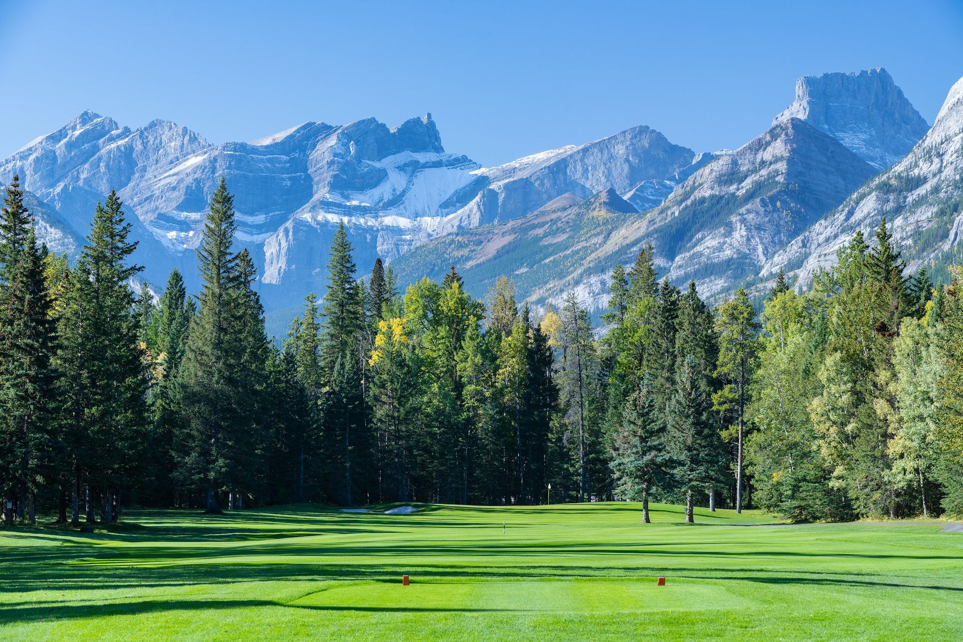 A green at an Alberta golf course with mountain scenery